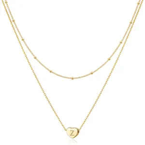 Stainless Steel Double Layer Heart Initial Necklace For Women Gold Satellite Bead Chain Alphabet Pendant Necklace Jewelry Gift