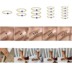 Gold beaded evil eye bracelet set for women showing individual items and model shots