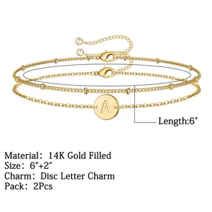 14K gold filled double layer chain bracelet with disc letter A charm for women