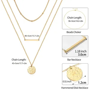 Collana a tre strati in acciaio inossidabile placcata oro 18K con barra e disco martellato