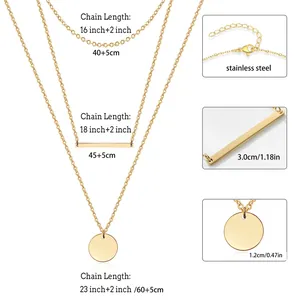 Three-layer 18K gold plated stainless steel layered necklace with bar and disk pendants