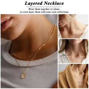 Three-layer 18K gold plated stainless steel necklace with coin pendant and bead chain