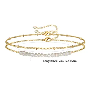 Double-layer 18K gold plated stainless steel bracelet with baroque pearls and bead chain