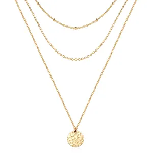 Minimalist Stainless Steel Layered Necklace For Women Gold Steel Tone Hammered Round Coin Pendant Multilayer Chain Jewelry Gift