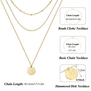 Triple-layered 18K gold plated stainless steel necklace with hammered disc pendant set
