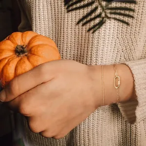Detailopname van gouden gelaagde armband met paperclipketting tegen een herfstige achtergrond