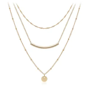 Stainless Steel Layered Necklace Set Gold Silver Plated Geometric Hollow Tube Disc Coin Pendant Adjustable Chain Jewelry Women