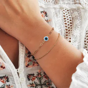 18K vergulde dubbellaagse paperclip ketting armband met blauwe boze oog emaille hanger