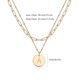 Double-layer paperclip and bead necklace with an engraved A-letter pendant in gold finish