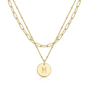 Stainless Steel 18K Gold Plated Double Layer Necklace Paperclip Satellite Chain Initial Letter Coin Pendant Necklace For Women Jewelry