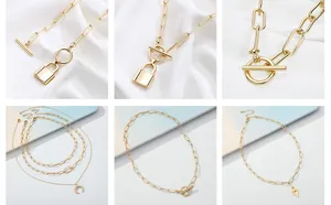 Detail of 18K gold paperclip chain with toggle clasp and padlock pendant details