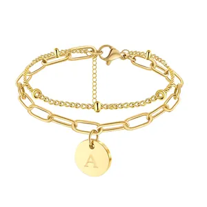 Dubbellaagse armband verguld met 18K goud met letter A-hanger en paperclip-schakels