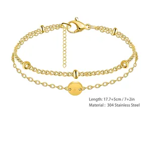 Bracelet double chaîne en acier inoxydable plaqué or 18K avec perles et pendentif lettre A