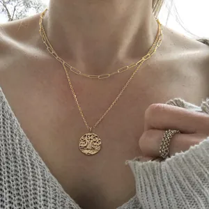 Layered 18K gold plated stainless steel paperclip chain necklace with round charm pendant