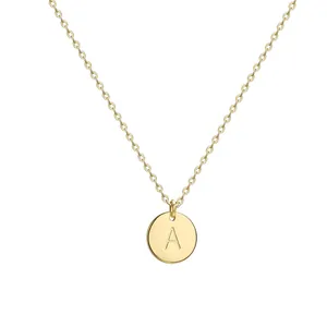 Stainless Steel Initial Letter Necklace For Women 18K Gold Plated Round Disc Pendant Engraved Alphabet Minimalist Jewelry Gift