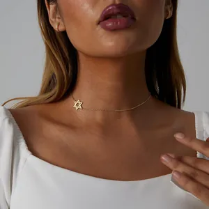 Elegant gold stainless steel David Star choker necklace on female model neck