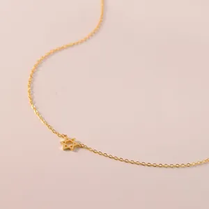 Detailopname van gouden Davidster hanger aan een fijne schakelketting met gepolijste glans