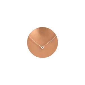 Close-up van zilveren Davidster hanger ketting aan de nek met fijne schakels van de ketting