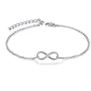 Macro detail of silver infinity symbol pendant on a minimalist stainless steel link chain