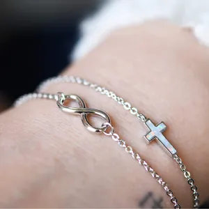 Silver infinity and cross double-layer bracelet for women made of stainless steel