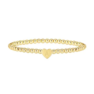 Stainless Steel Bead Elastic Bracelet With Heart Initial Letter Pendant Gold Silver Plated Stretch Bracelet For Women Men