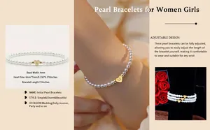 Detail of 4mm faux pearl elastic bracelet with an 18K gold-plated heart letter charm