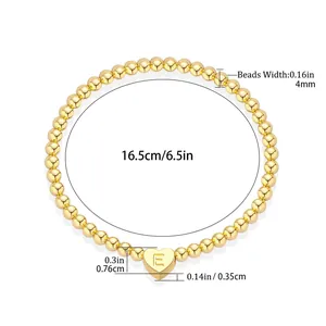 18K gold plated stainless steel 4mm beaded stretch bracelet with letter E heart pendant