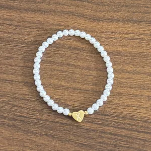 Imitation Pearl Beaded Bracelet With Stainless Steel Heart Initial Letter Pendant Gold Steel Stretch Handmade Jewelry For Women