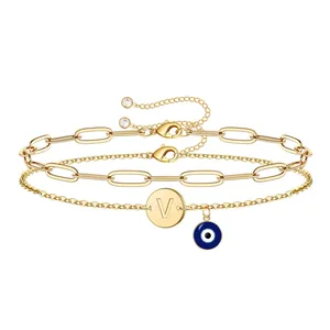 Exquisite double-layered stainless steel bracelet with evil eye and letter V disk pendant