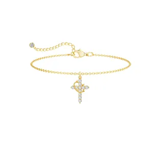 18K gold plated double layer crown and cross bracelet with sparkling zircon stones