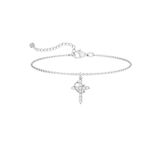 Detailed view of silver cross bracelet with 3A zircon stones and adjustable lobster clasp