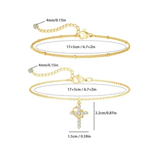 Double-layered 18K gold-plated bracelet set with cross moon pendants and 3A zircon stones