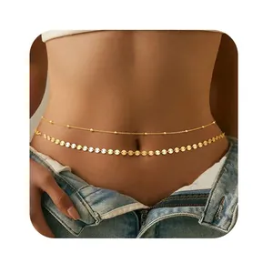 Double-layered 18K gold-plated waist chain with delicate beads and flat circular discs