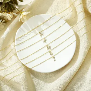 Golden stainless steel paperclip chain necklaces with zircon letter pendants on ceramic tray