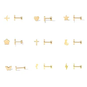18K Vergoldete Edelstahl Ohrstecker Mit Flacher Rückseite Für Damen Minimalistisch Herz Stern Blume Flugzeug Katze Schmuck