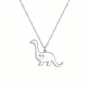 Stainless Steel Hollow Heart Dinosaur Pendant Necklace For Women Kids Gold Silver Color Cute Animal Jewelry Everyday Daily Gift