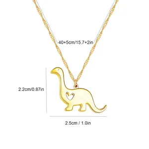 Golden dinosaur heart pendant necklace with size specs on a white background