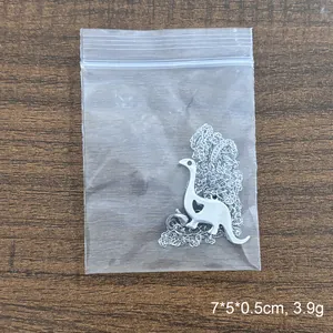Minimalist stainless steel dinosaur necklace with heart cutout in clear packaging
