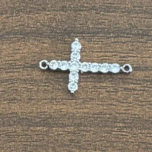 Silver-plated brass cross jewelry connector with micro-paved zircons and dual rings