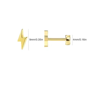 Technische Zeichnung von Blitz-Ohrstecker mit flacher Rückseite und Maßen in Gold