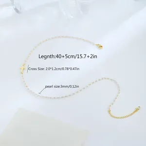Elegant 18K gold-plated stainless steel cross necklace with 3mm white pearls for women