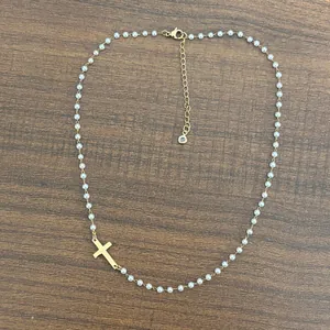 18K gold plated stainless steel pearl chain necklace with asymmetrical cross pendant