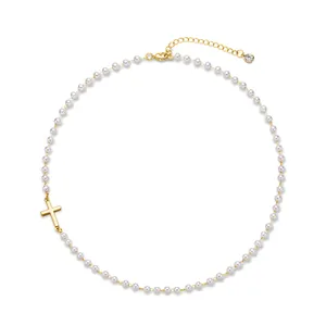 18K gold plated stainless steel pearl necklace with side cross pendant for women
