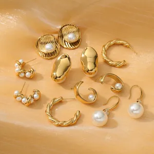 Fashion Stainless Steel Artificial Pearl Hoop Earrings For Women Gold Silver Plated C-Shaped Twist Stud Jewelry Accessory Gift