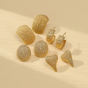 Stainless Steel Stud Earrings 18K Gold Plated Frosted Texture Geometric Arched Heart Oval Elegant For Women