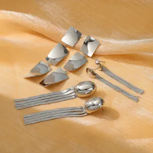 Three pairs of silver geometric tassel earrings in polished stainless steel for women