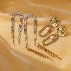 Pendientes de Borla de Acero Inoxidable de Lujo para Mujer Elegantes Joyas de Strass y Perla Artificial Chapadas en Oro Plata para Boda Fiesta