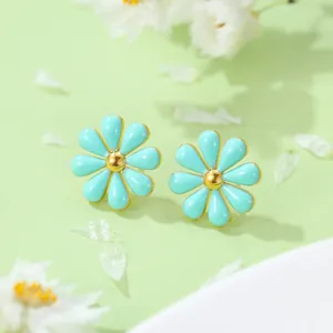 Élégantes boucles d'oreilles marguerites bleu ciel en acier inox avec cœur doré poli