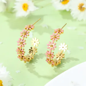 Boucles d'oreilles créoles marguerites roses en acier inoxydable doré pour femme