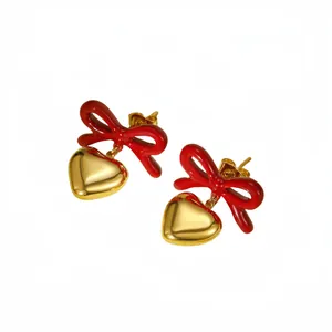 18K gold plated stainless steel bow earrings with red heart drop pendant